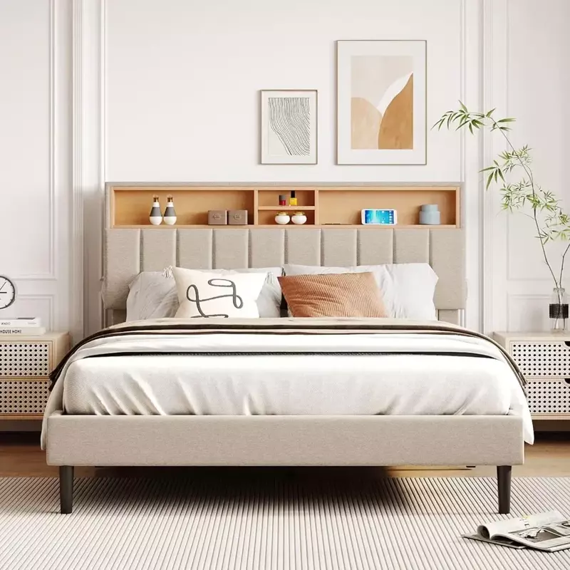 Mobilier de chambre à coucher à cadre de lit, tête de lit réglable avec rangement et ports USB, lit plateforme rembourré moderne gris complet, sans ressort