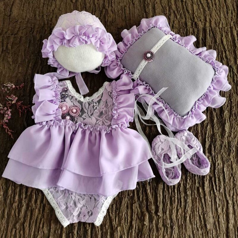 5Pcs/Set Baby Hat+Pillow+Romper Jumpsuit+Shoes+Headwear Newborn Photography Props Infants Photo  Costume Outfits