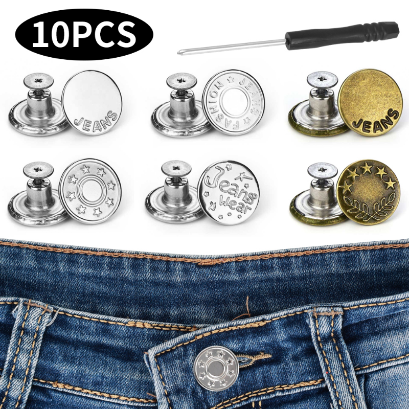10pcs Detachable Jeans Buttons Adjustable Free Waist Retro Metal Button No Sewing Pants Buckles Screw Nail Repair Kit Send Tools