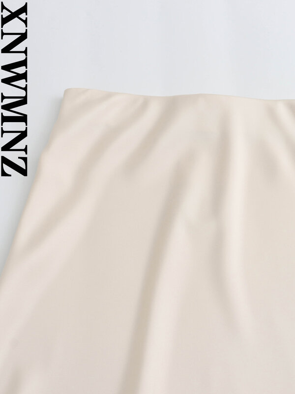 XNWMNZ-Saia feminina de cetim midi, elástico vintage na cintura alta, bainha queimada, moda feminina de rua, 2023
