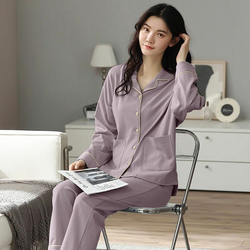 2024 neue Baumwolle Pyjamas Damen Frühling Herbst Langarm Nachtwäsche Anzug Strickjacke große Größe lose lässige Frühling Homewear