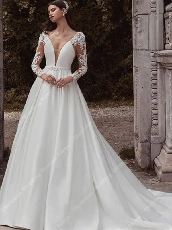 Женское кружевное свадебное платье, белое ТРАПЕЦИЕВИДНОЕ ПЛАТЬЕ с длинными рукавами и вышивкой, элегантное платье принцессы, 2024