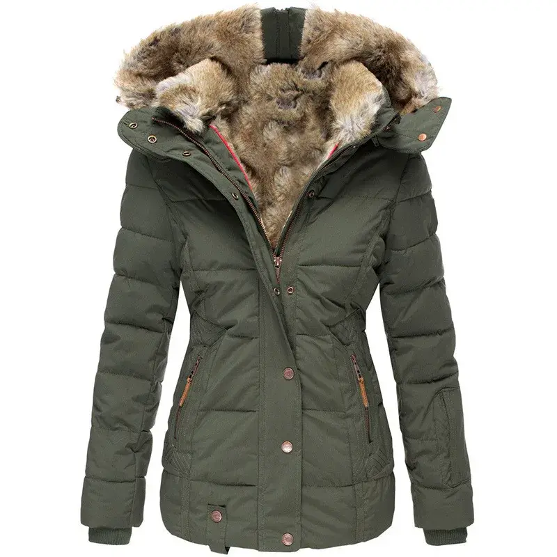 Abrigo de algodón con cuello de lana para mujer, abrigo cálido de manga larga con cremallera, ajustado, con capucha, novedad de invierno
