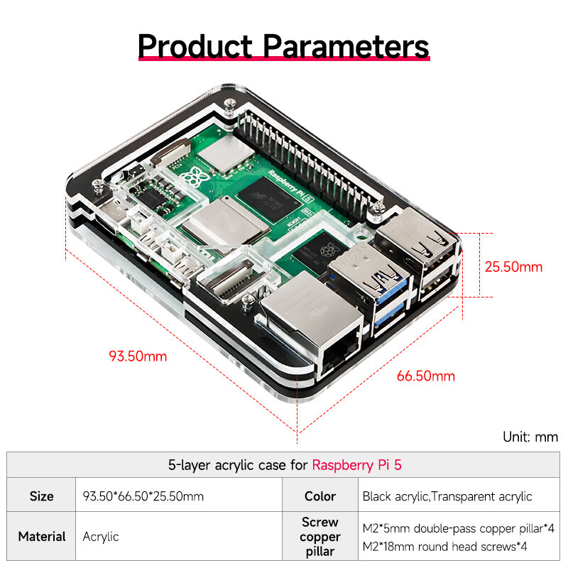 Raspberry Pi 5 Acryl Case Transparant En 5 Lagen Ontwerp Ondersteuning Voor Het Installeren Van Officiële Actieve Koeler
