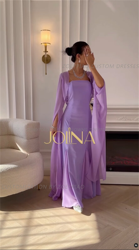 Purple Long Strapless Prom Dress Long Cape Sleeves Evening Dress Satin/Chiffon Women Wedding Party Formal Gowns Dresses Arabia