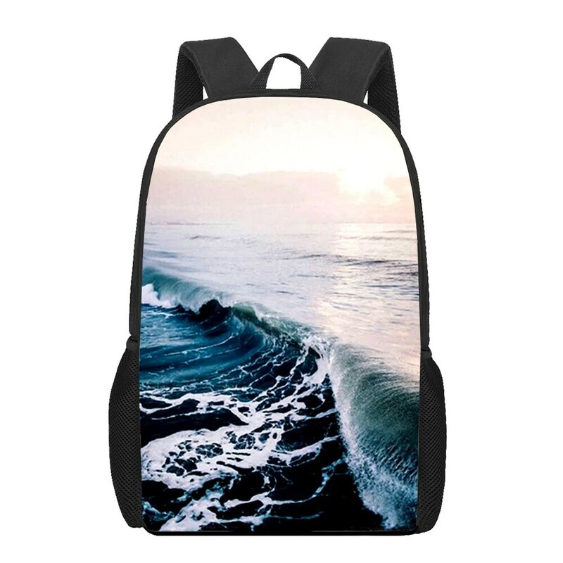 Tas punggung kapasitas besar pria, ransel 16 inci lanskap laut pantai untuk anak laki-laki, taman kanak-kanak