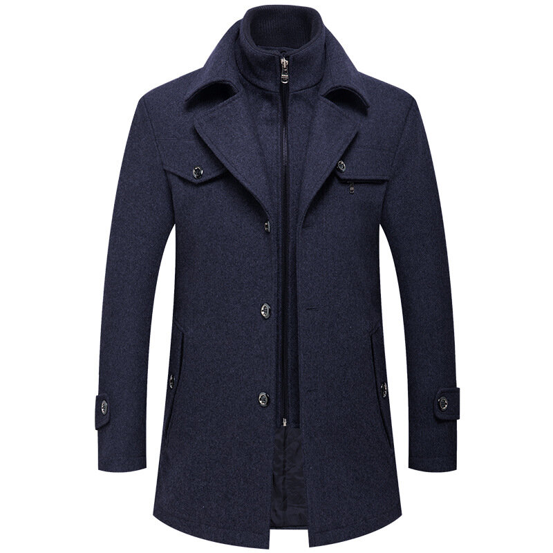 Casaco de trincheira de lã justo masculino, casaco longo médio, gola dupla, zíper monocromático, casacos de lã casuais, moda inverno