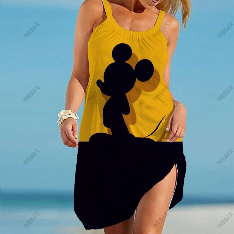 2024 Sweet Style Women Disney Mickey Mouse Print Dress Casual Sexy Spaghetti Strap Party A-Line Sleeveless Sundress Female Beach