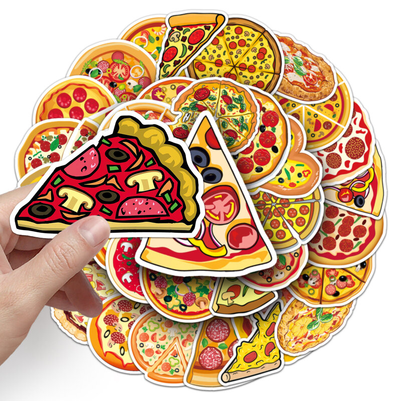 Autocollants série délicieux pizza graffiti, adaptés pour ordinateur portable, casques, décoration de bureau, bricolage, jouets, vente en gros, 50 pièces