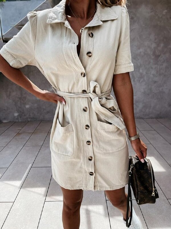 Einreiher Schnür kleid Streetwear Vestido locker sitzende Revers Tasche Knopf Frau Sommer solide Kurzarm Hemd Rock