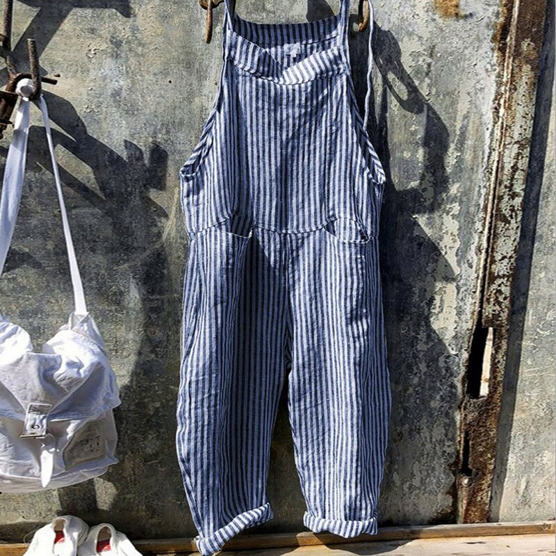 2024 Bohemian Spring Rompers Stripe Casual Women's Long Jumpsuits Fashion Cotton Pockets Overalls Casual High Quality Overalls