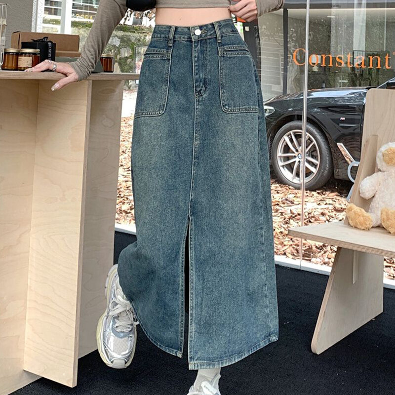 Jupe trapèze slim bleue pour femme, jupe mi-longue délavée avec poche, taille haute, jupe en jean fendue pour femme, été 2024