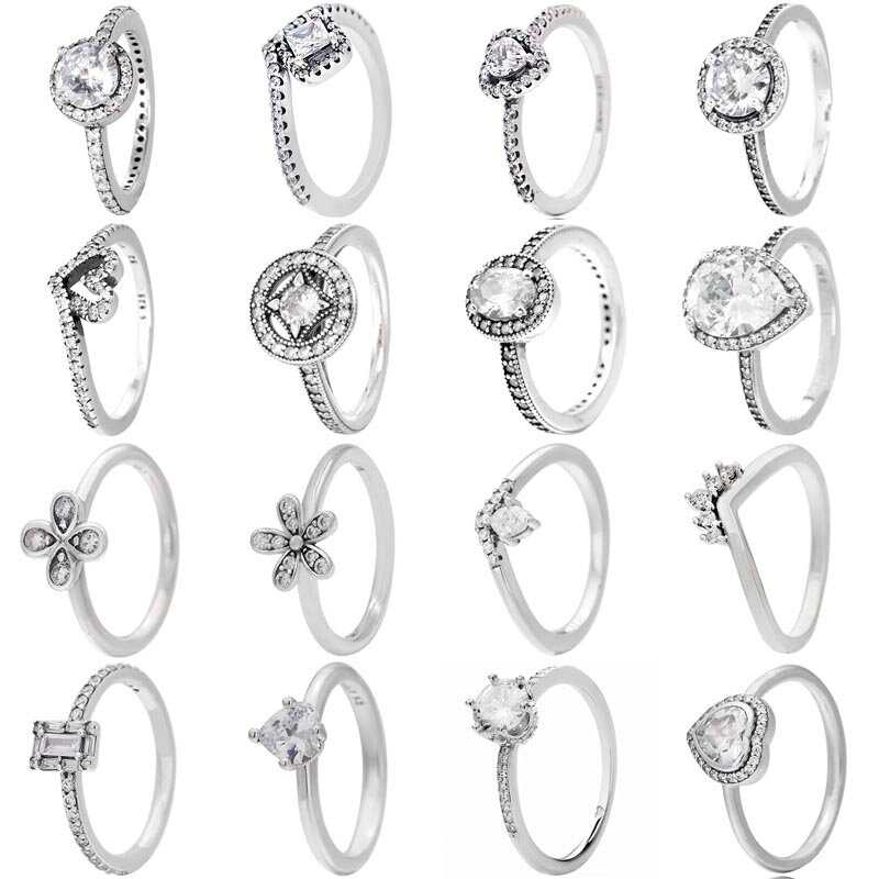 Cincin perak murni 925 asli Pave Allure ditinggikan hati cinta Glamour Wish cincin bunga aster untuk hadiah Wanita Perhiasan DIY