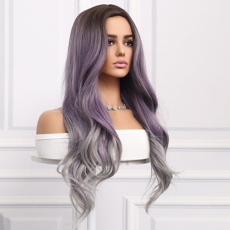 Rizos de moda: peluca sintética para mujer, gradiente púrpura gris, raya central Natural, 26 pulgadas