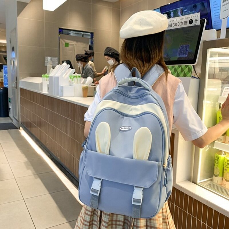 Tas punggung sekolah kartun telinga kelinci tas sekolah nilon wanita tas ransel Laptop tas buku siswa tas harian besar 517D