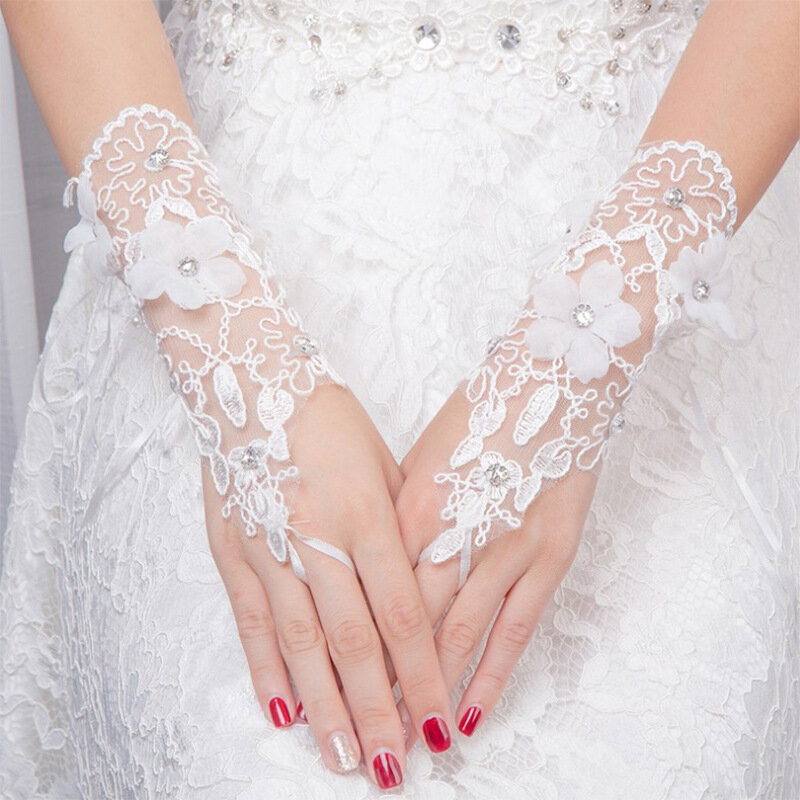 Guantes de boda de encaje blanco sin dedos para mujer, apliques de lentejuelas, accesorios de boda, guantes de novia con cuentas cortas