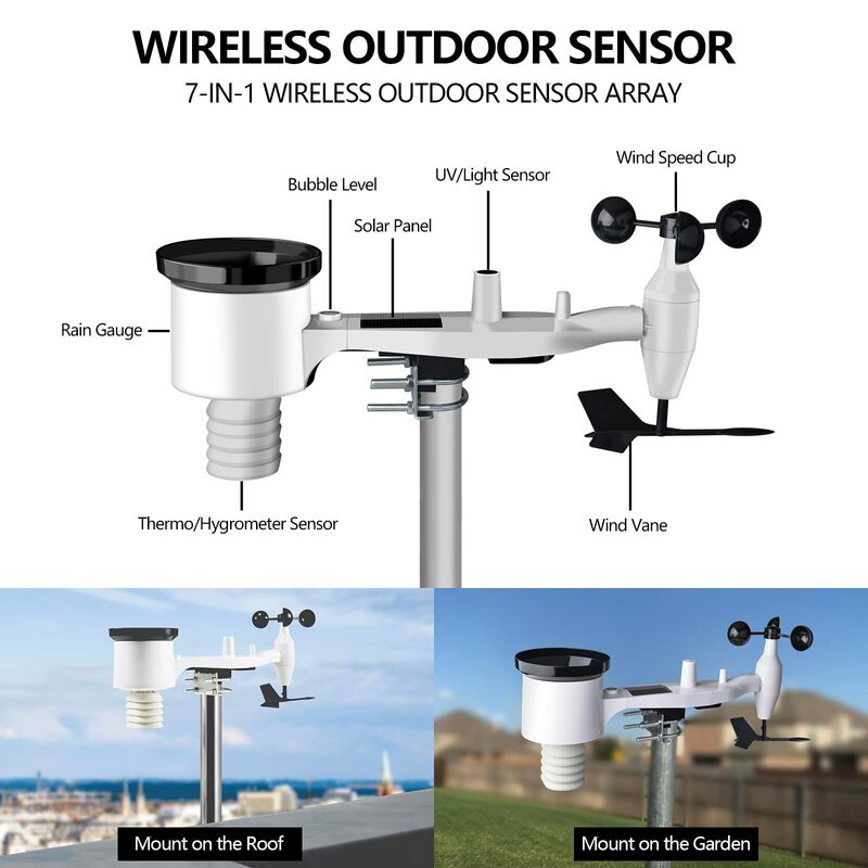 Ecowitt HP2561 Wi-Fi Weather Station Indoor Outdoor, with 7-in-1 Wireless Solar Powered Weather Sensor & 7'' TFT Display Console