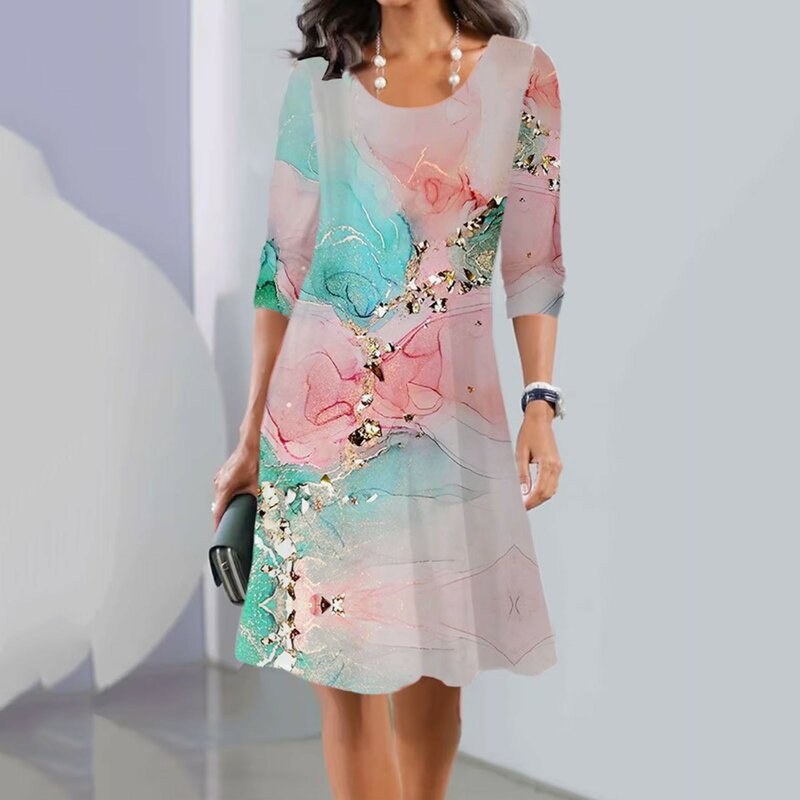 여성용 캐주얼 패션 프린트 컬러 단추 크루넥 긴팔 셔츠 미디 드레스, 캐주얼 여름 잎 드레스, 2023 가을
