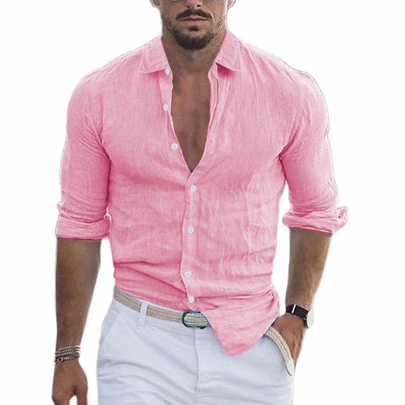 Camisa masculina de manga comprida de algodão e linho, blusa de lapela, havaiana de férias, monocromática 13 cores, nova, verão