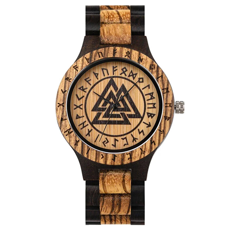 Męskie drewniane kwarcowe zegarki na rękę, grawerowany wzór Viking wodoodporna zegarek analogowy, najlepsza prezent świąteczny dla mężczyzn