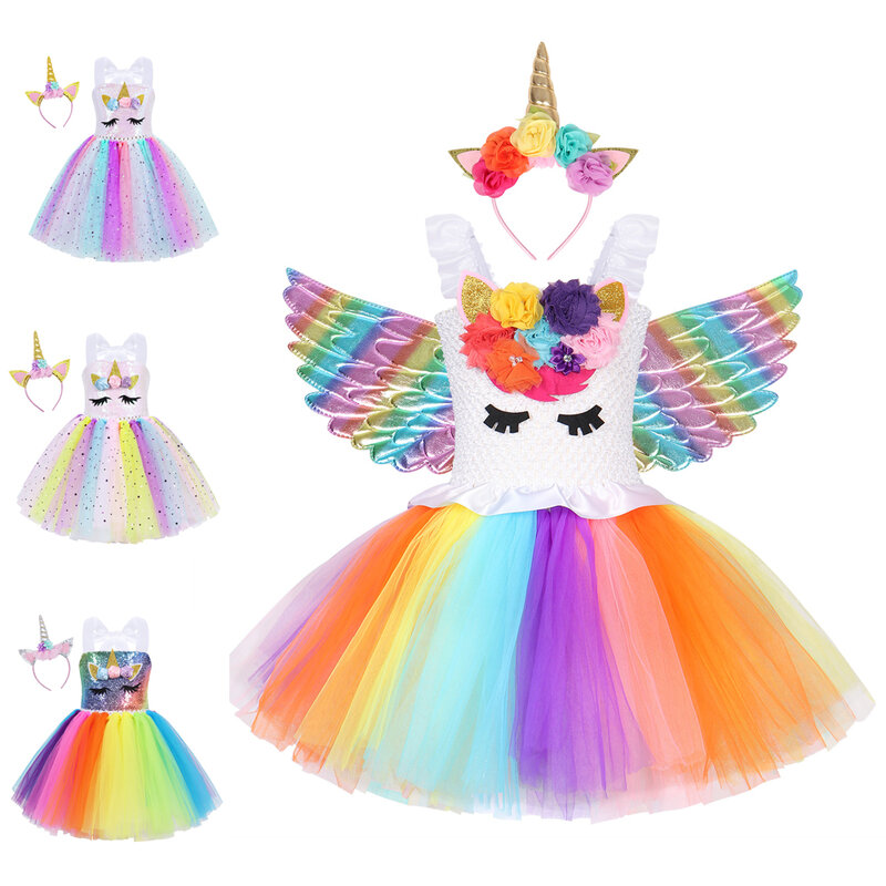 Jurebecia disfraz de unicornio para niñas, ropa de vestir para niñas pequeñas, tutú de unicornio arcoíris con diadema, regalo de cumpleaños