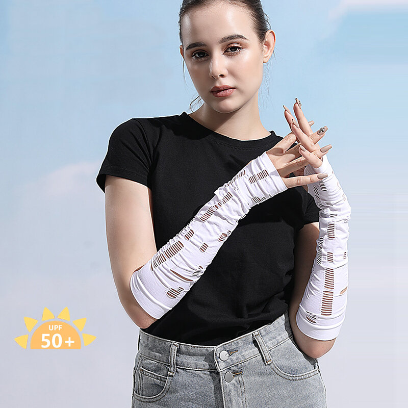 Hollow Out Anti-sunburn Sleeve Arm Sleeves Protector Solar Summer Ice Silk Sleeves Pleated Breathable Fingerless High Elasticity