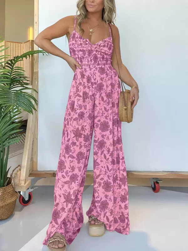 2024 Summer Woman Long Jumpsuits Elegant Sexy V-Neck Print Cami Top & High Waist Pants Rompers New Fashion Casual One Pieces