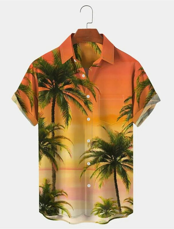 Мужская летняя рубашка с принтом пальмы, гавайская рубашка с графическим принтом и отложным воротником, уличная одежда с короткими рукавами и пуговицами на воротнике