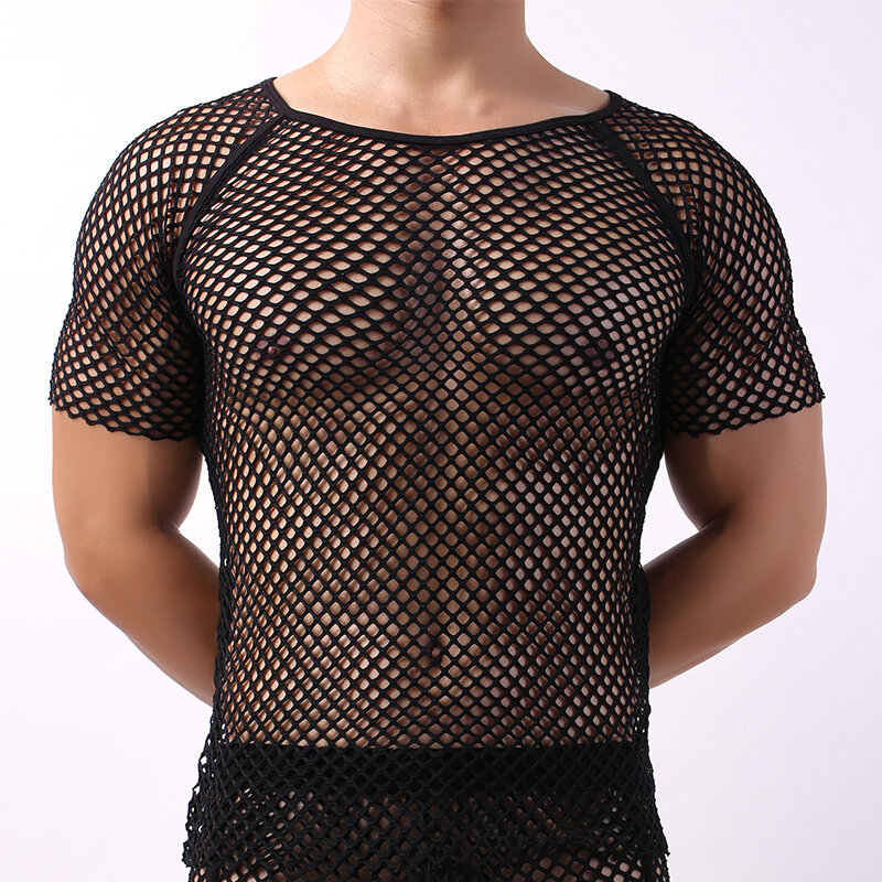 Sexy Mannen Hemdjes Nachtkleding Shorts Mouwen Mesh Transparante T-shirts Visnet Slip Homme Shirts Tee Sport Causale Tops Camiseta