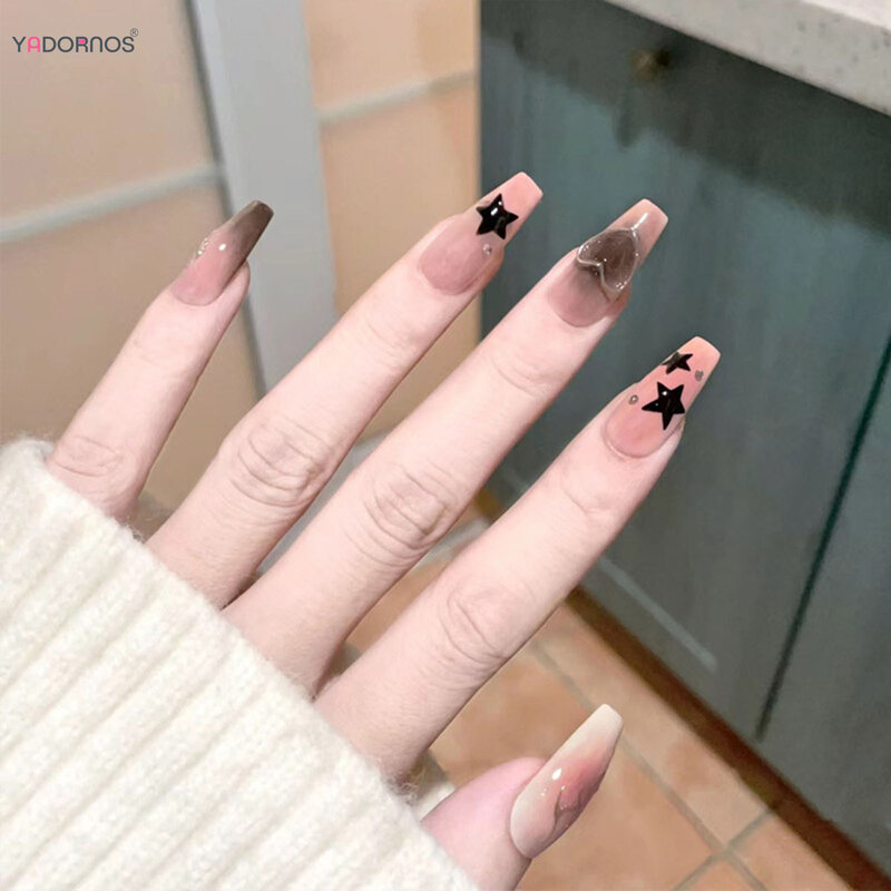 Y2K 걸스 가짜 손톱 핑크 웨어러블 프레스 네일, 블랙 5 포인트 스타 디자인, 풀 커버 발레, 여성용 가짜 손톱 팁