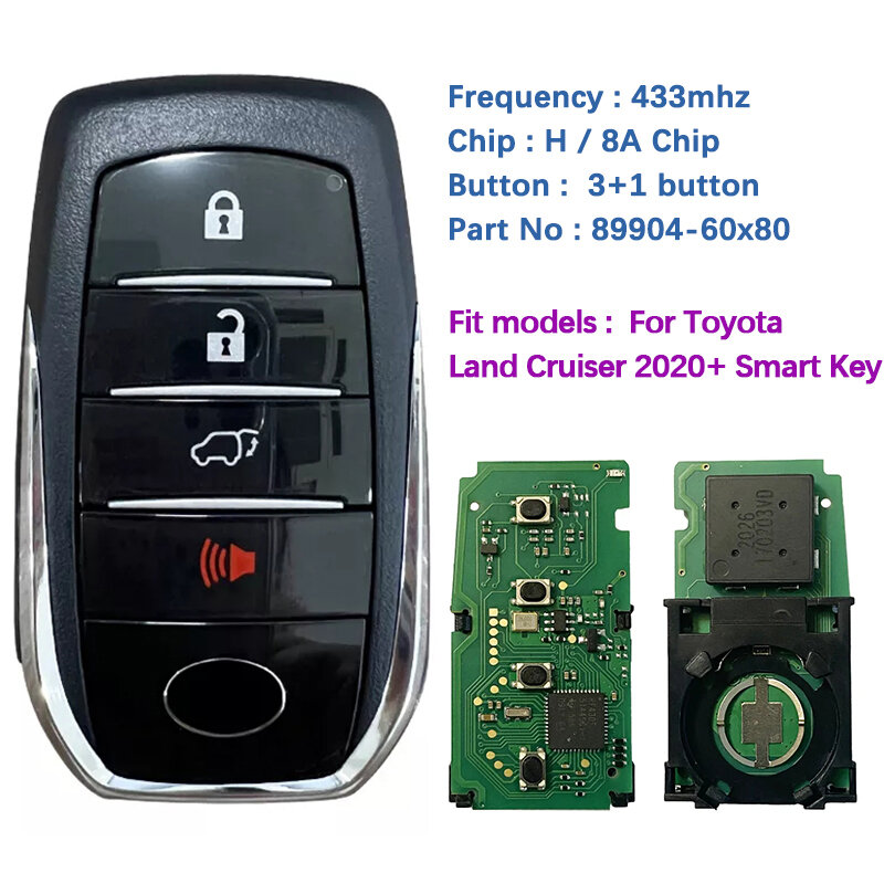 Cn007228 aftermarket 3 + 1 botão chave inteligente para toyota land cruiser 2020 remoto 433mhz 89904-60x80 2110c placa