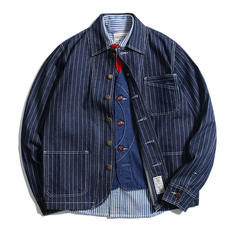 Dopasowane kurtki wagi ciężkiej dla mężczyzn wiosna jesień w stylu Vintage amerykański 100% bawełniane w paski oryginalne jeansowe kurtki motorowe odzież AMEKAJI