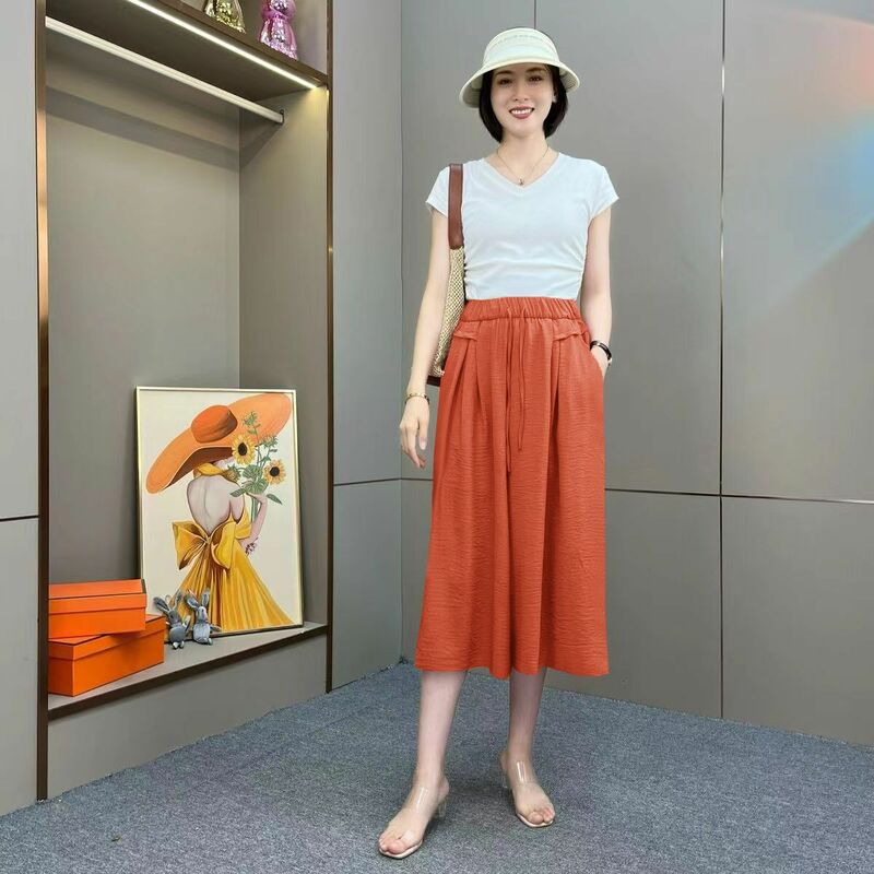 Summer Comfortable Loose Straight Office Lady Elastic Waist Wide Leg Pants Solid 2024 New Calf-Length Fashion Women's Clothing