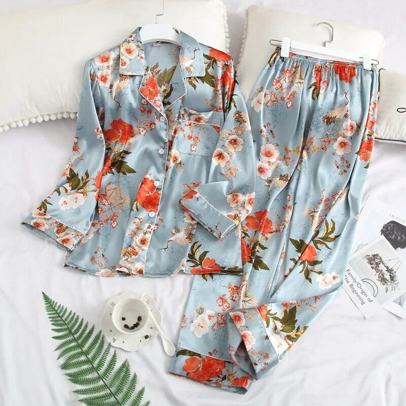 Spring/summer Printing Two Piece Suit Pajamas Women Breathable Comfortable Cardigan Button Long Sleeves Thin Night Sleep Wear