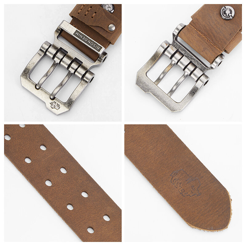 BISON denem-Men حزام مشبك جلد أصلي عتيق ، أحزمة بتصميم عتيق ، حزام ماركة فاخرة للجينز ، جودة عالية ، كاجوال