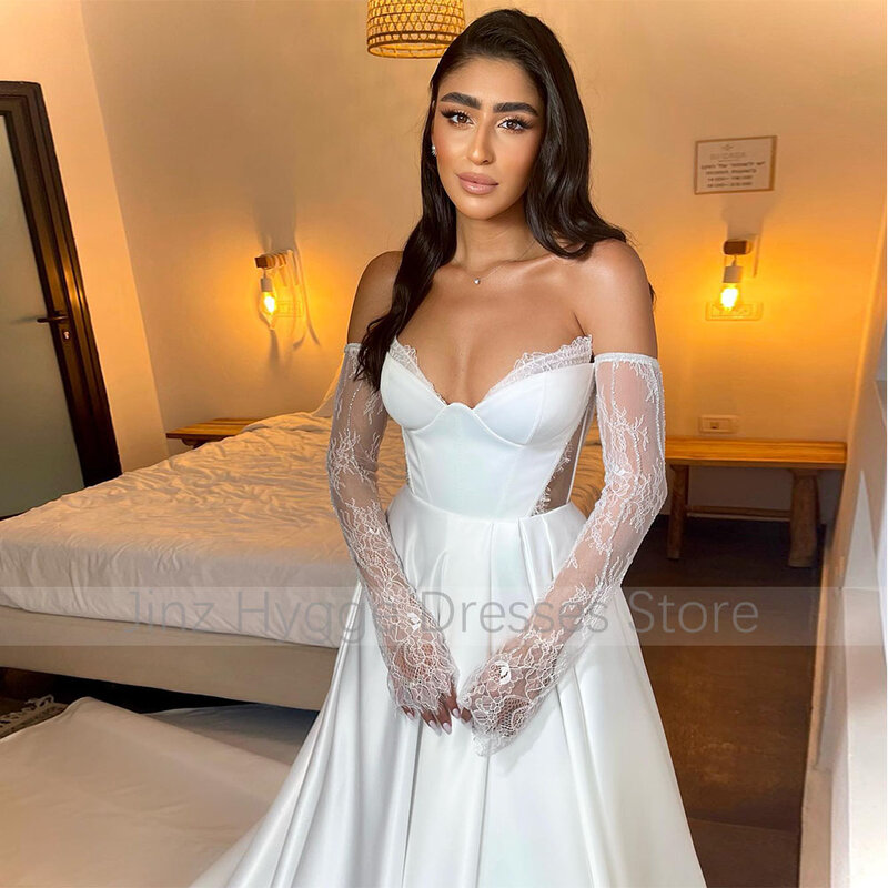 Satin Wedding Dress For Women 2023 Bride V Neck A Line Wedding Gowns Long Cut Out Beaded Luxury Bridal Dress Lace Robe de mariée