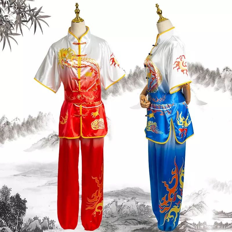 2024ชุดกังฟูวูซูแบบดั้งเดิมของจีนชุดปักเลื่อมมังกรเครื่องแบบเส้าหลินกังฟูชุดการแสดงบนเวที + กางเกง + ชุดเข็มขัด