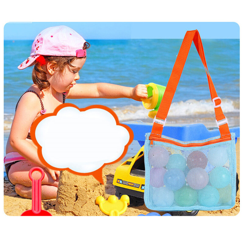 Tas bahu pantai jaring dapat disesuaikan untuk anak-anak mainan jaring Organizer kantong penyimpanan tali ritsleting tas koleksi cangkang anak-anak ember bulat