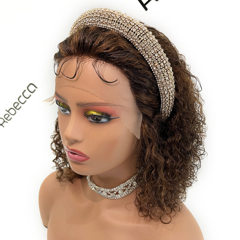 Destaques pixie corte encaracolado perucas de cabelo humano liso para trás curto onda profunda glueless frente do laço perucas pré arrancadas peruca de linha fina para mulher