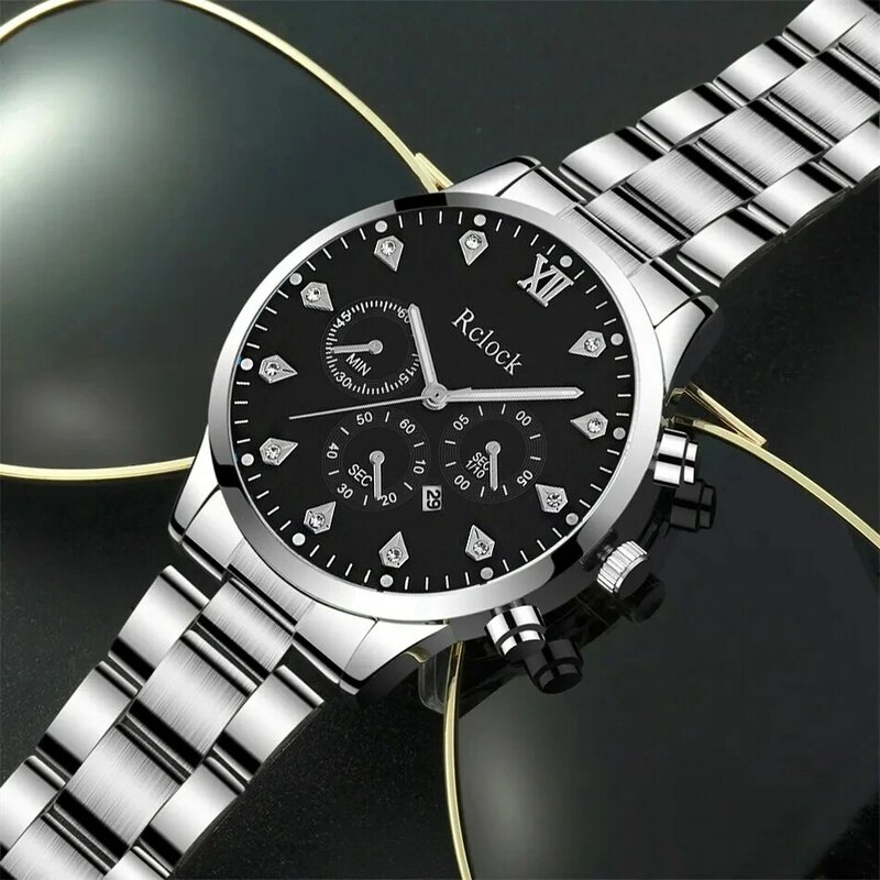 3PCS Set Fashion Mens Business Watches Men Casual Silver Bracelet Necklace Stainless Steel Quartz Wrist Watch Relogio Masculino