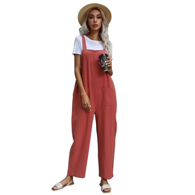 Summer Tracksuit Clothing Women Square Neck Sleeveless Pockets Loose Casual Daily Jumpsuit Ladies Cotton Linen Rompers Overalls