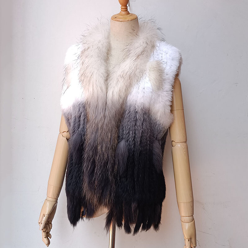 Colete de pele de coelho real tricotado feminino, gola de pele de guaxinim, colete casual quente com borla, novo, genuíno, 2023