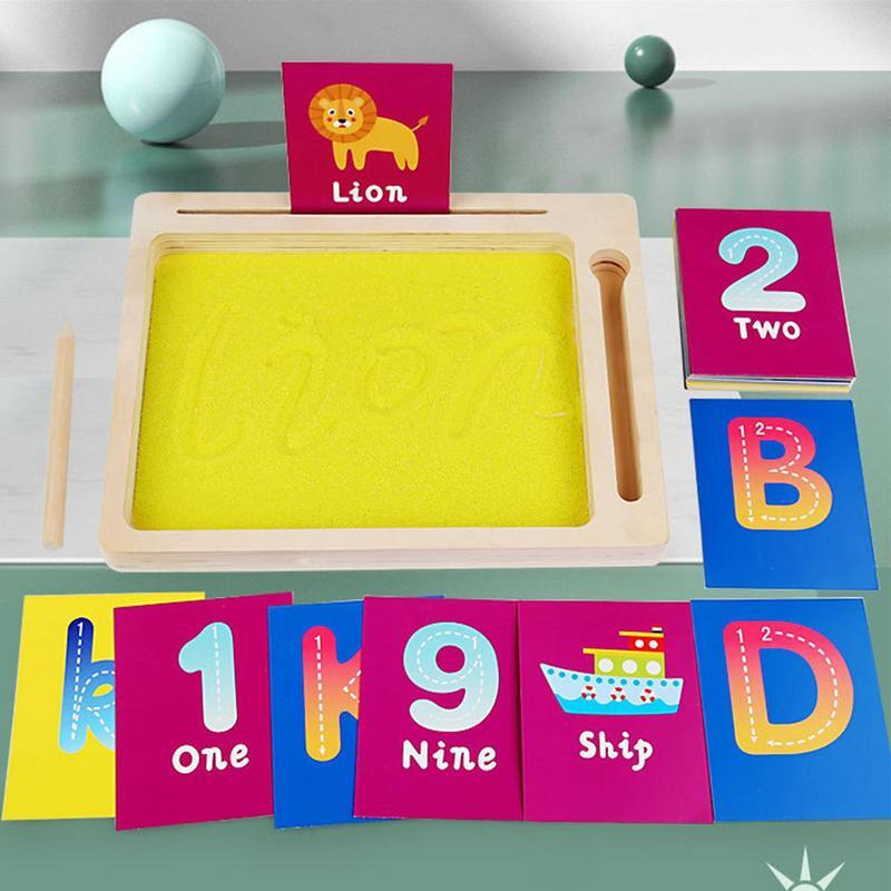 Bandeja de trazado de arena, juguete sensorial del alfabeto, escritura de arena, Montessori, letras, números, juguetes educativos con tarjetas flash del alfabeto para