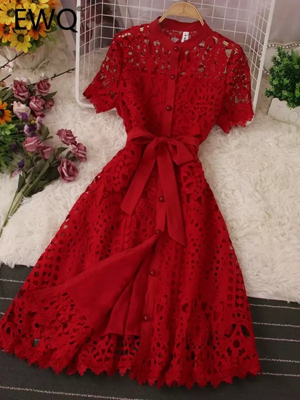 French Stylish Hollow Out Lace Vestido Women Elegant Solid Open Stitch Lace-up Evening Dress 2024 New Tide Summer SN0183