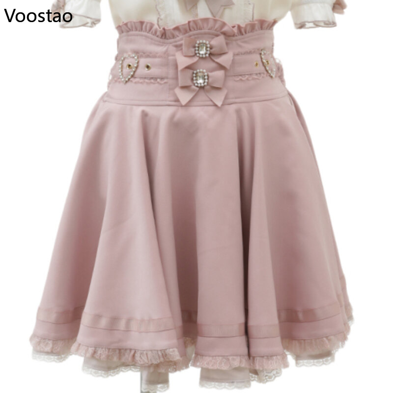 Gothic Lolita Ribbon Double Bow High Waist Skirt Women Sweet Pearl Buckle Lace Pleated Skirt Japanese Cute A-Line Mini Skirts
