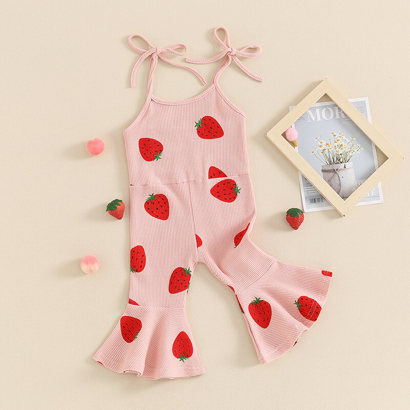 VISgogo Kid Girls Jumpsuit Spaghetti Straps Strawberry Print Romper Clothes for Party Casual Summer Clothes