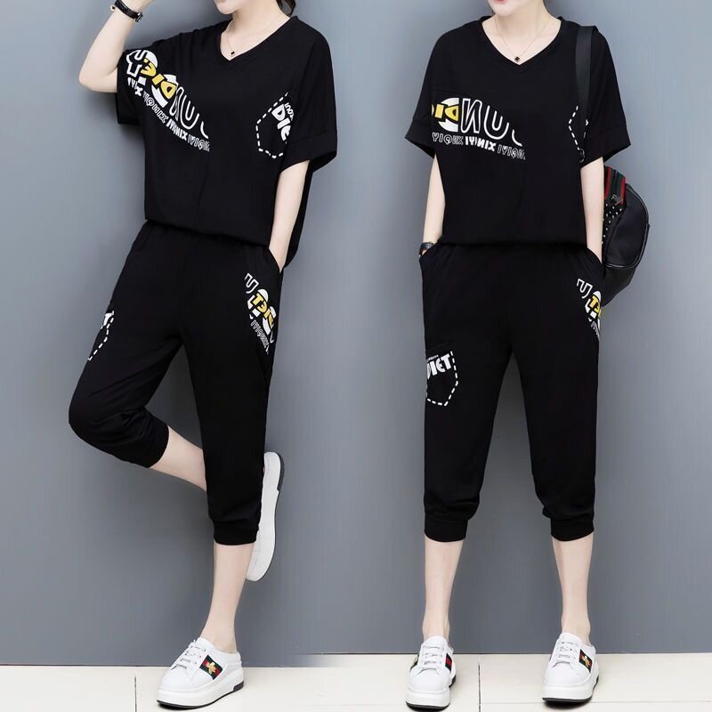 Conjunto de 2 piezas para mujer, traje de Sudadera de manga corta y pantalones hasta la pantorrilla, versión coreana, verano, 2024