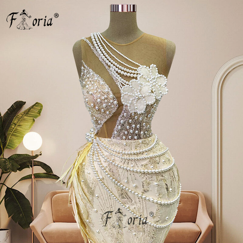 Charming Pearls Feather Arabic Dubai Formal Occasion Dress Beaded Flower nappa fessura Mermaid Wedding Party Dress abiti da sera