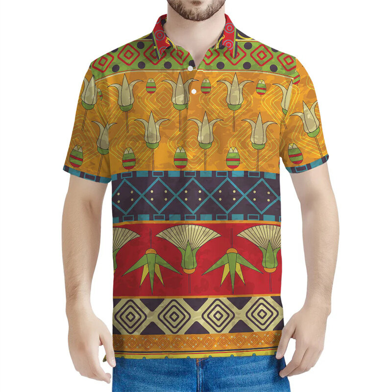 Рубашка-поло мужская с принтом Древнего Египта, Повседневная Уличная футболка с лацканами, пуговицами и короткими рукавами, тотем из египта