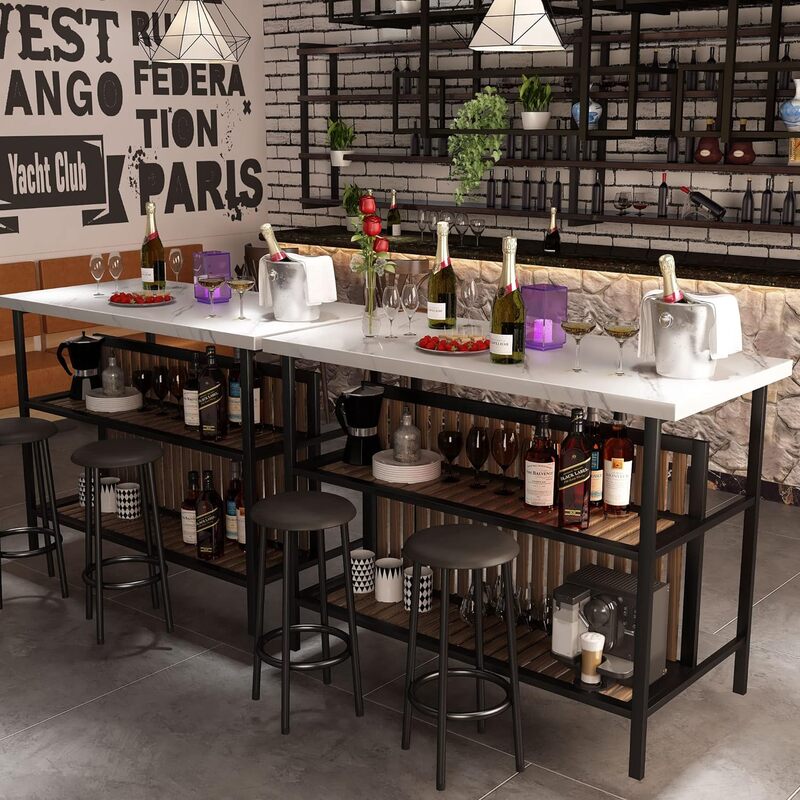 Ensemble de table à manger en faux marbre avec étagères de rangement à 2 niveaux, table de bar avec piste de bar, cuisine, 3 pièces